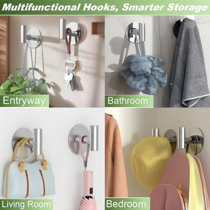 Heavy Duty Self-Adhesive Coat Hooks, Stainless Steel Towel Hooks for Bags, Towels, Robes, Hats, Aprons – No Drill Bathroom, Kitchen, Hotel Wall Hooks (Silver, 4 Pack) - color: Silvery, size: Adhesive "T" Shape- 4 Pack