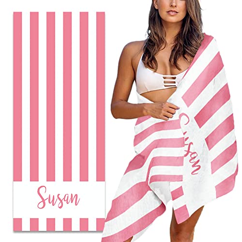 MeMoShe Personalized Beach Towel Graduated Gifts for Students Custom Microfiber Beach Towels with Name Sand Free Pool Towel Quick Dry Blanket Stripes Print Beach Towels for Adults 30x60 Inch-Pink - color: Pink
