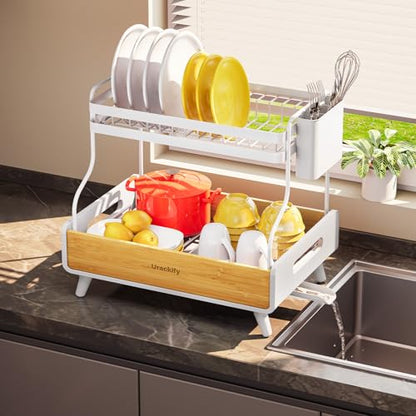 Urackify 2-Tier Dish Drying Rack, Large Stainless Steel & Bamboo Dish Rack for Kitchen Counter, Dish Drainers with Adjustable Automatic Spout, Drying Rack Kitchen with Utensil Holder, White - color: White, size: 2 Tier
