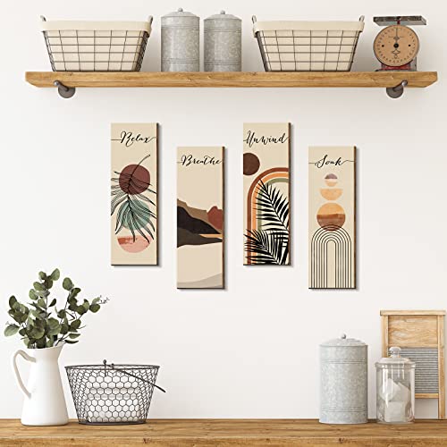 Yulejo Relax Soak Unwind Breathe Sign Decors Bathroom Wall Arts Abstract Boho Bathroom Wooden Wall Painting Mid Century Minimalist Botanical Rustic Wooden Wall Plaque for Home Washroom