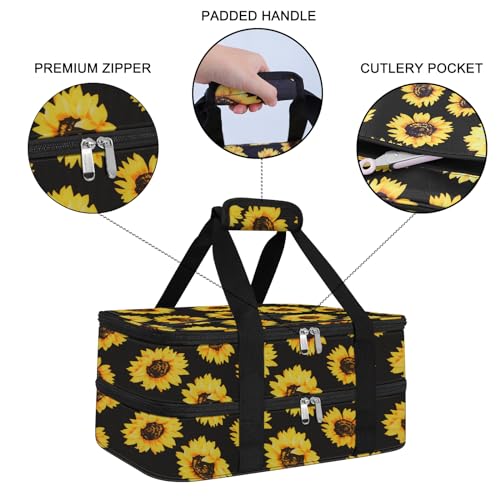 esouler Double Insulated Casserole Carrier Bag Hot & Cold Food Carrier Bag Lasagna Holder Lunch Bag for Picnics, Parties, Travel, Fits 9 x 13 Inches Casserole Dish-Sunflower - color: Sunflower, size: 16x10x7.2 in