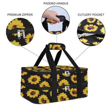 esouler Double Insulated Casserole Carrier Bag Hot & Cold Food Carrier Bag Lasagna Holder Lunch Bag for Picnics, Parties, Travel, Fits 9 x 13 Inches Casserole Dish-Sunflower - color: Sunflower, size: 16x10x7.2 in