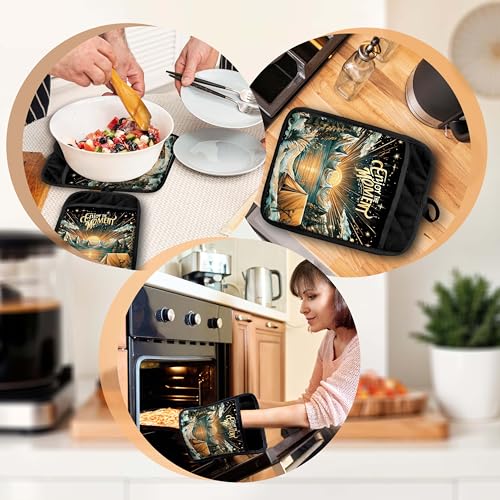 Boho Sun Starry Forest Camping Pot Holders with Pockets, Gifts for Camping Lovers, Enjoy the Moment Oven Pot Holders Heat Resistant Oven Mitts Hot Pads for Kitchen Baking Cooking - color: Campfire-a