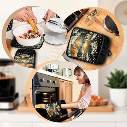 Boho Sun Starry Forest Camping Pot Holders with Pockets, Gifts for Camping Lovers, Enjoy the Moment Oven Pot Holders Heat Resistant Oven Mitts Hot Pads for Kitchen Baking Cooking - color: Campfire-a