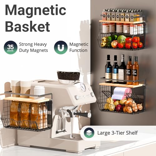 3-Tier Magnetic Shelf for Fridge with Divider & Bamboo Top, Fruit Basket Potato and Onion Storage Bins, Kitchen Large Container Magnetic Spice Rack for Refrigerator, Kitchen Counter, Fridge Organizer - size: 1 Pack
