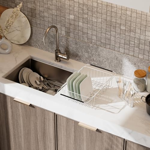 NiuYichee Stainless Steel Dish Drying Rack(15" L X 11" W X 4.1" H), Expandable Drain Rack Over Sink, Dish Drainer Rack in Sink, with Stainless Steel Utensil Holder & 4 Hooks Cup Hanger - size: Large【15 X 11"】
