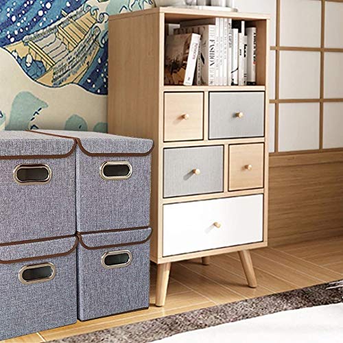 Storage Bin [Set of 4] Linen Fabric Foldable Container with Lid, Collapsible Organizer Boxes Cubes - 10 x 10 x 10 Inches (Gray) - color: Gray