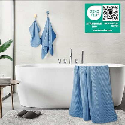 POLYTE 430 GSM Microfiber Quick Dry Lint Free Oversize Bath Towel Set, 6 Piece (Waffle Weave) - color: Blue
