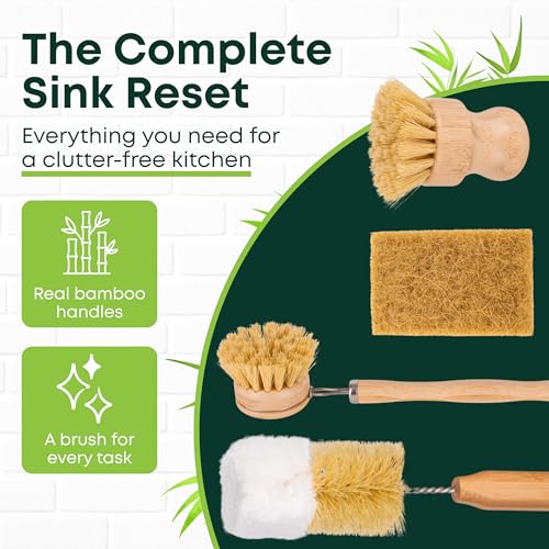 Tieralia Bamboo Dish Brush Set 5 Piece – Eco Friendly Kitchen Cleaning Kit with Bottle Brush, Long Dish Brush, Palm Scrubber & 2 Plant-Based Sponges | Plastic-Free Natural Dish Scrubber