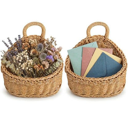 DOITOOL Set of 2 Wicker Hanging Basket for Wall, Front Door, Flowers, Mail, Fruit - Boho Handmade Rattan Hanging Wall Baskets for Garden Farmhouse Home Storage