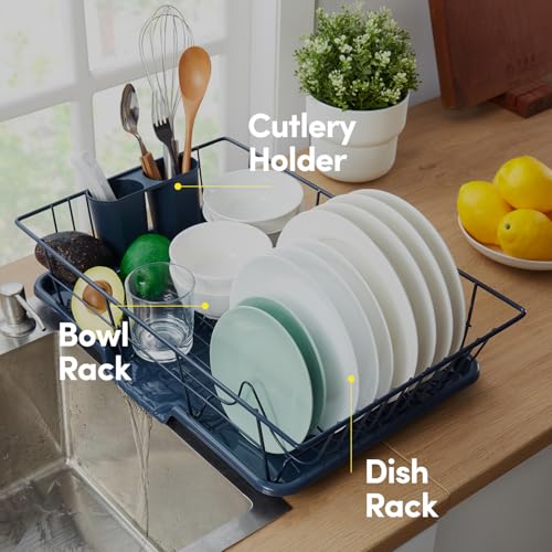 Sweet Home Collection Space-Saving 3-Piece Dish Drainer Rack Set: Efficient Kitchen Organizer for Quick Drying and Storage - Includes Cutlery Holder and Drainboard - Maximize Countertop Space, Navy - color: Navy