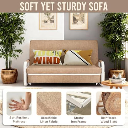 62" Pull Out Sofa Bed, 3 in 1 Convertible Sleeper Sofa, Full Size Loveseat Couch Bed with Storage, Trundle and 2 Pillows for Living Room, Bedroom, Dorm, RV,Office (Saddle Tan 809) - size: 62"- Full Size