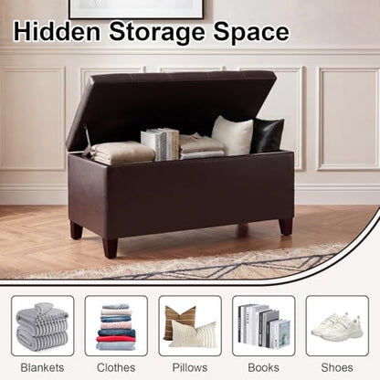 Asense Storage Ottoman Bench, 33" Faux Leather Upholstered End of Bed Bench with Safety Hinge,Wooden Legs,for Entryway Bedroom Living Room,Chocolate Brown - color: 33" Chocolate Brown Faux Leather