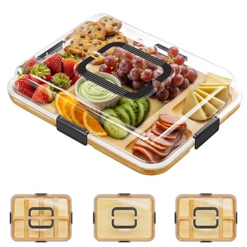 SpaceAid Charcuterie Board with Clear Lid, Portable Travel Cheese Cutting Boards for Picnic Accessories, Bamboo Serving Tray with Lids, House Warming Gifts, Black Handles, 5 Compartments - color: Black Handles, 5 Compartment