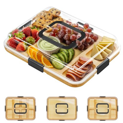 SpaceAid Charcuterie Board with Clear Lid, Portable Travel Cheese Cutting Boards for Picnic Accessories, Bamboo Serving Tray with Lids, House Warming Gifts, Black Handles, 5 Compartments - color: Black Handles, 5 Compartment