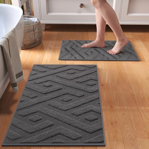 Non-Slip Bath Mat 16x24-2pc with Rubber Backing, Washable Thin Bath Mats for Bathroom Floor, Absorbent Bathroom Rugs, Quick Dry, Fits Under Door Grey - color: Grey-b, size: 16'' x 24''(2pc)