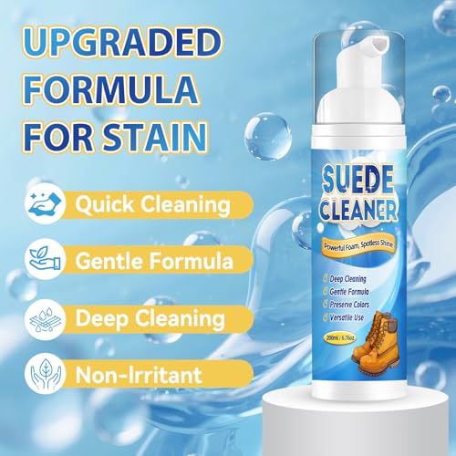 Yeardera Suede Cleaner Kit, 6.76oz No-Rinse Suede and Nubuck Shoe Cleaner with Brush & Towel, Removes Dirt and Stains, Gentle Cleaning for Leather, Boots, Sneakers