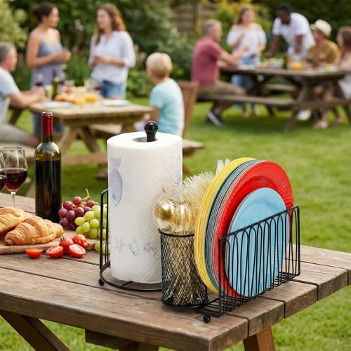 Elsjoy Picnic Utensil Holder Caddy with Handle & Paper Towel Holder, Metal Silverware Organizer Portable Flatware Holder for Cutlery, Fork, Spoon, Plate, Napkin