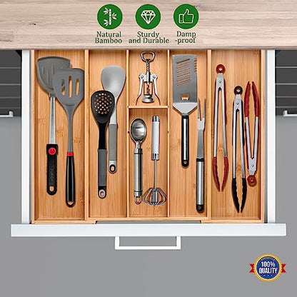 guiogc Bamboo Silverware Organizer, Expandable Kitchen Drawer Organizer and Utensil Organizer, Cutlery Tray with Drawer Dividers for Kitchen Utensils and Flatware, Bedroom, Living Room (Natural) - size: Two-sided pull