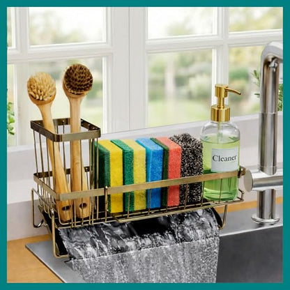 Big Kitchen Sponge Holder for Kitchen Sink, Self-Draining Sink Caddy for Brush Dishcloth & Soap, Stainless Steel Kitchen Organizer for Countertop, Home Essential House Cleaning Supplies