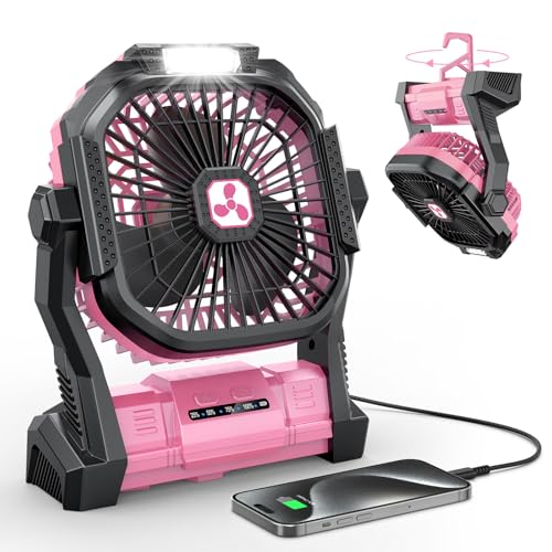 ONLYNEW Portable Fan Rechargeable, 20000mAh Cordless Battery Powered Table Fan with LED Lantern Battery Operated for Camping Tent Office Beach Desk Fishing Travel Home - color: Pink, size: Medium