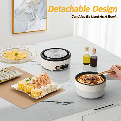HYTRIC Electric Cooker, 2L Portable Electric Cooker with Foldable Handle, Non-Stick Electric Cooker with Dual Power Control for Camp, Dorm, Multi-Function Ramen Cooker for Oatmeal, Steak, Pasta,