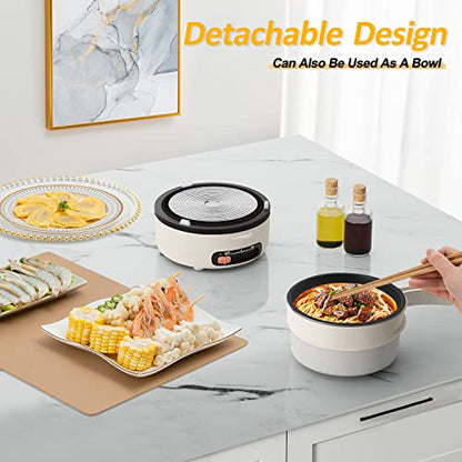 HYTRIC Electric Cooker, 2L Portable Electric Cooker with Foldable Handle, Non-Stick Electric Cooker with Dual Power Control for Camp, Dorm, Multi-Function Ramen Cooker for Oatmeal, Steak, Pasta,