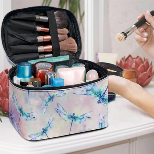 Portable Cosmetic Bags for Women Dragonfly Printed Travel Makeup Bag with Handle and Smooth Zipper Toiletry Pouch Plenty of Room - color: Dragonfly