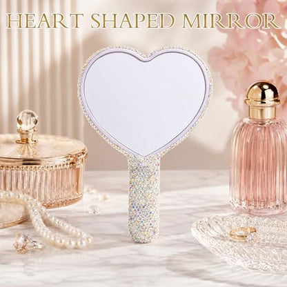 Wowagoga Sparkling Rhinestone Heart Shaped Handheld Mirror Heart Mirror Cosmetic Hand Mirror with Handle Cute Hand Mirror for Women Girls(White)