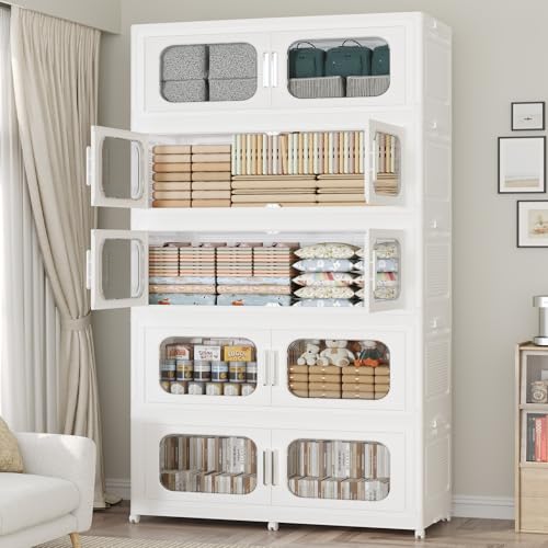 250Gal Exra Large Stackable Storage Bins with Lid, 1000QT Collapsible Storage Box with 6x Wheels, Folding Plastic Cabinet Container with Door Drawer for Home Kitchen Office Dorm, 5Pack White - color: White, size: 250Gal-5Pack