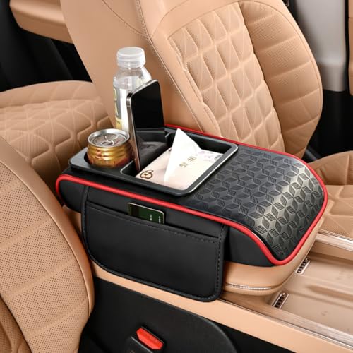 Car Center Console Cover, Auto Car Armrest Cushion 5-in-1 with Cup Holder, Tissue Box Slot, Phone Slot for Vehicle, Car Accessories Interior Storage Organizers (Black-Red) - color: Black-red
