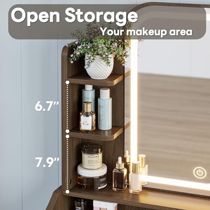LIKIMIO Small Makeup Vanity Desk with Mirror and Lights, Vanity Table Set with Storage Drawer, Chair and Three Shelves, Bedroom, Walnut - color: Walnut