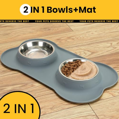 Conlun Dog Bowls with Silicone Feeding Mat,No Spill Food Water Dish Set,Dishwasher Safe,2 Stainless Steel Puppy Bowls with Dogs Bandanas,Suitable for Tiny Pets Under 8lbs,Extra Small,Grey - color: Grey, size: Extra Small-5 oz
