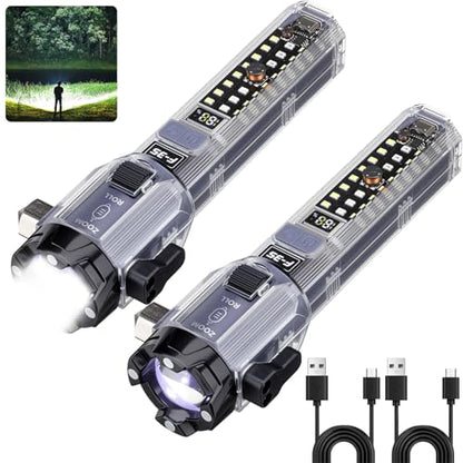 Car Emergency Flashlights Rechargeable 2Packs, 990,000L High Lumens Car Flashlight Emergency Kit, 7 Modes Tactical LED Flash Light with Window Breaker, Belt Cutter, Alarm Buzzer, Magnet, USB C for Car - size: 2pc-XL