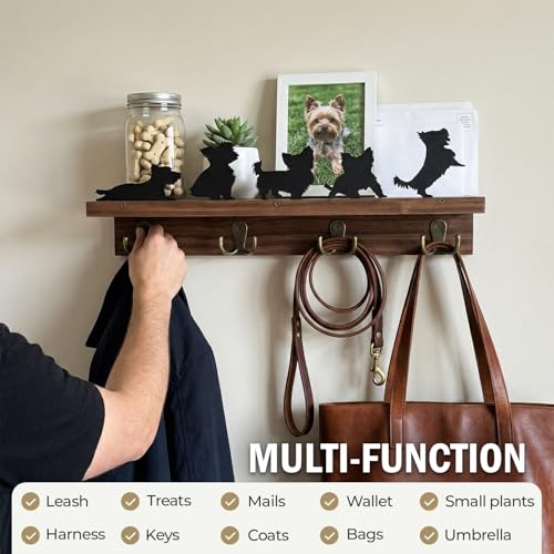 Solid Walnut Dog Leash Holder for Wall, Custom Dog Metal Silhouette Key Hanger & Top Shelf for Entryway Storage, Heavy Duty Pet Collar Rack, 15.8 Inch (Yorkshire Terrier)