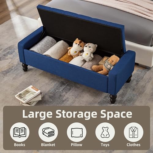 50" W Storage Ottoman Bench with Safety Hinge, Load up to 660 lb Ottoman with Storage, Upholstered Tufted Entryway Bench with Seating for Living Room, Bedroom, Entryway, Blue - color: Blue