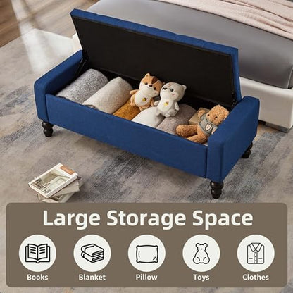 50" W Storage Ottoman Bench with Safety Hinge, Load up to 660 lb Ottoman with Storage, Upholstered Tufted Entryway Bench with Seating for Living Room, Bedroom, Entryway, Blue - color: Blue