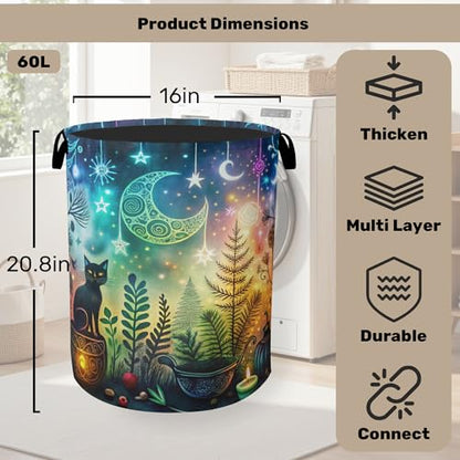 Gothic Black Cat Halloween Laundry Basket - Heavy Duty 60L Dirty Clothes Organizer, Water Resistant Foldable Hamper for Men Women - color: Gothic Black Cat Halloween