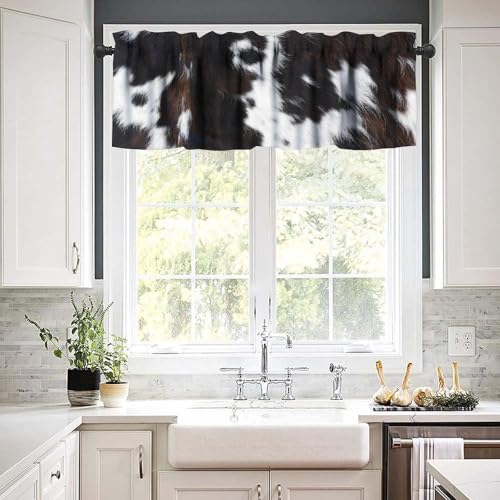 Farm Cowhide Valance, Rustic Western Black White Cow Cattle Animal Fur Print Blackout Short Window Treatment for Home Farmhouse Kitchen Bedroom Cafe, 54x18inch - color: Cowhide-7