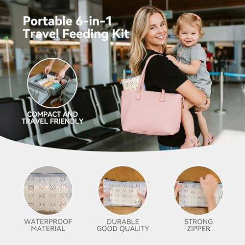 Baby Travel Essentials 6 Pc Feeding Set - Cute Cat Toddler Plates with Suction, 304 Stainless Steel Spoon & Fork, Foldable Silicone Bib in Travel Case - BPA-Free Airplane Travel Gear (Beige) - color: Beige