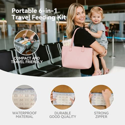 Baby Travel Essentials 6 Pc Feeding Set - Cute Cat Toddler Plates with Suction, 304 Stainless Steel Spoon & Fork, Foldable Silicone Bib in Travel Case - BPA-Free Airplane Travel Gear (Beige) - color: Beige