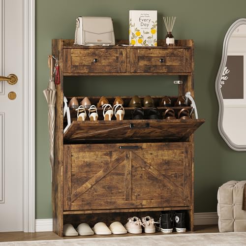 BORNOON Shoe Storage Cabinet for Entryway, Farmhouse Narrow Shoe Cabinet with 2 Flip Drawers & Top Drawers, Adjustable Shelves & Hooks, Freestanding Hidden Rack Organizer for Hallway, Foyer - color: Rustic Brown, size: 2 Flip Drawer