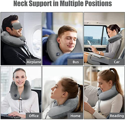 Inflatable Travel Neck Pillow for Airplanes, Super Soft Velvet Neck Support, Adjustable Firmness, Blow Up Plane Pillow for Long Flights, Road Trips, Travel Essentials with Eye Mask, Earplug - color: Premium Grey