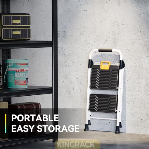 KINGRACK 2 Step Folding Ladder, 800lbs Capacity Step Stool with Safety Lock, Non-Skid Wide Pedals, and Handrail, Lightweight, Household Ladder for Home, Kitchen, Pantry, Closets, and Office Use, White - size: 2-STEP