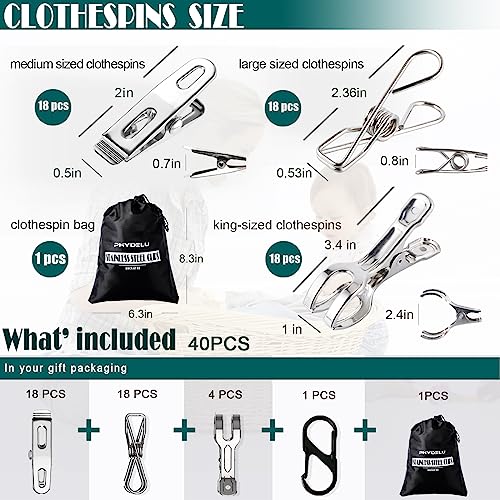 (40 PCS) Stainless Steel Clothes Pins Heavy Duty Outdoor, Mini Laundry Clothespins, Small Metal Bag Chip Clips, Food Packages, Clothesline Sock Snack Clips, PHYDELU - size: 40pcs small size Clothes Pins