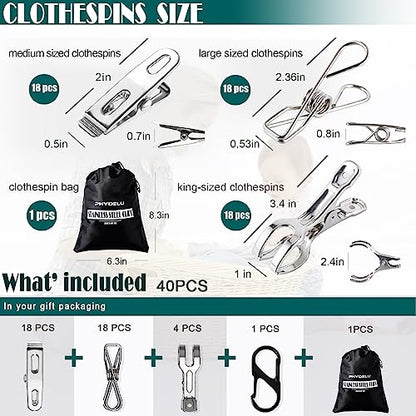 (40 PCS) Stainless Steel Clothes Pins Heavy Duty Outdoor, Mini Laundry Clothespins, Small Metal Bag Chip Clips, Food Packages, Clothesline Sock Snack Clips, PHYDELU - size: 40pcs small size Clothes Pins