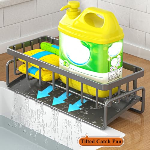 Sponge Holder for Kitchen Sink with Rag Holder, Kitchen Countertop Organizers and Storage Essentials, Rustproof Carbon Steel, Soap Dispenser Organize (Grey)