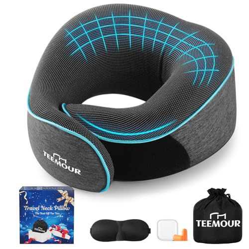 Travel Neck Pillow for Airplane -Memory Foam Travel Pillow for Long Flights/Car Sleep 360° Support Airplane Pillow, With Eye Mask & Earplugs, Portable Carry Bag | Airplane Accessories Washable Cover - color: Dark Grey (Medium Size)