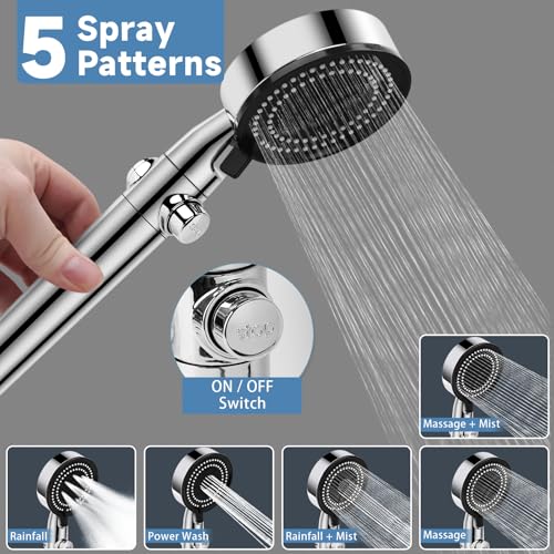 RV Shower Head with Hose, 5+1 Mode High Pressure Replacement with On/Off Switch, Water Saving Motorhome Shower Head for RV/Campervan, Caravan(Silver) - color: Silver