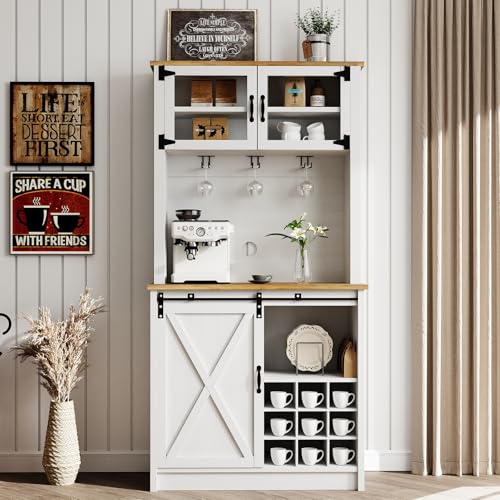 4ever2buy 72" Farmhouse Coffee Bar Cabinet with Sliding Barn Door, White Coffee Bar with Storage, Large Kitchen Buffet Cabinet with Wine Rack, Tall Bar Cabinet Table Living Dining Room - color: White, size: 71Inch